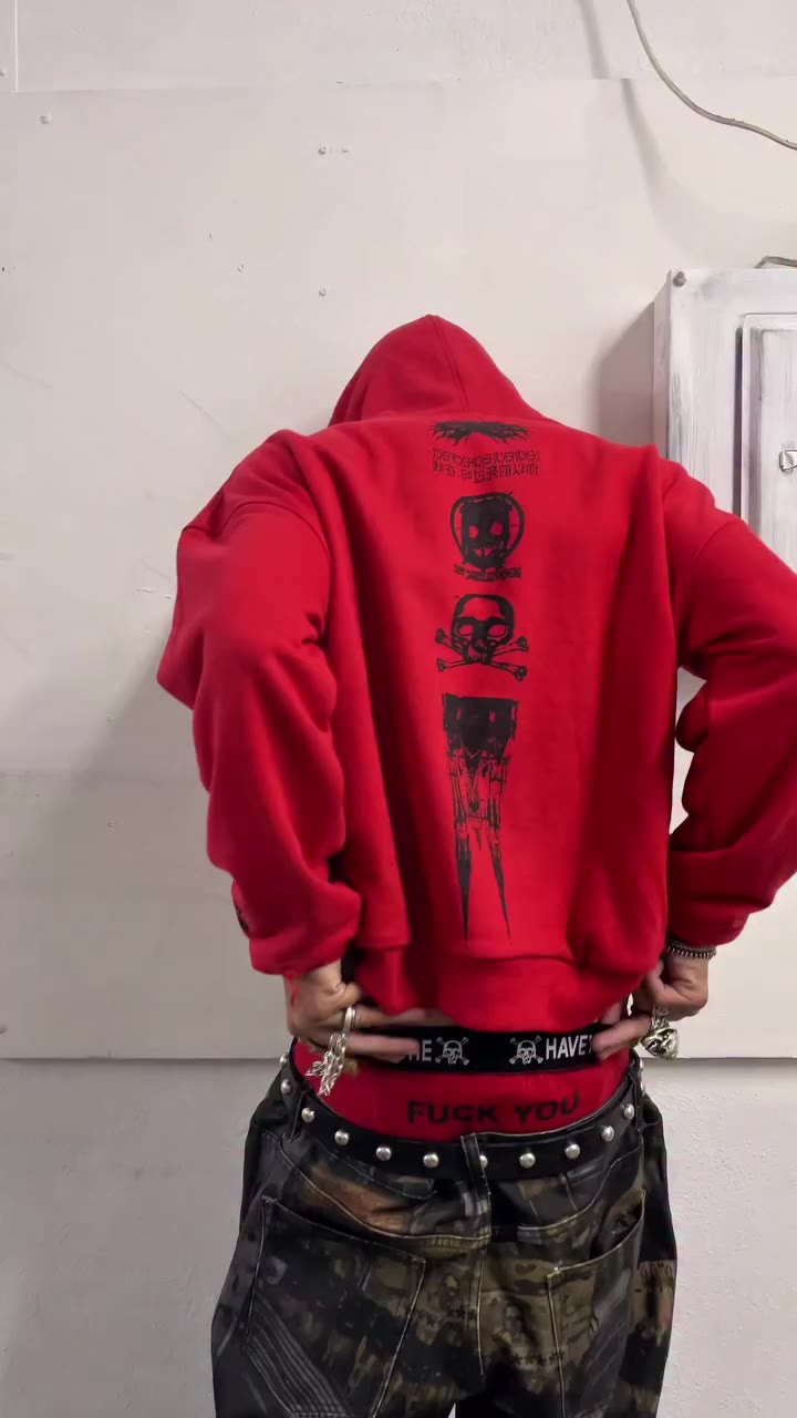 RED5X Model is wearing: .RITUAL ZIP UP .WARCRIMES TROMPE DENIM .REDUX SIGIL…