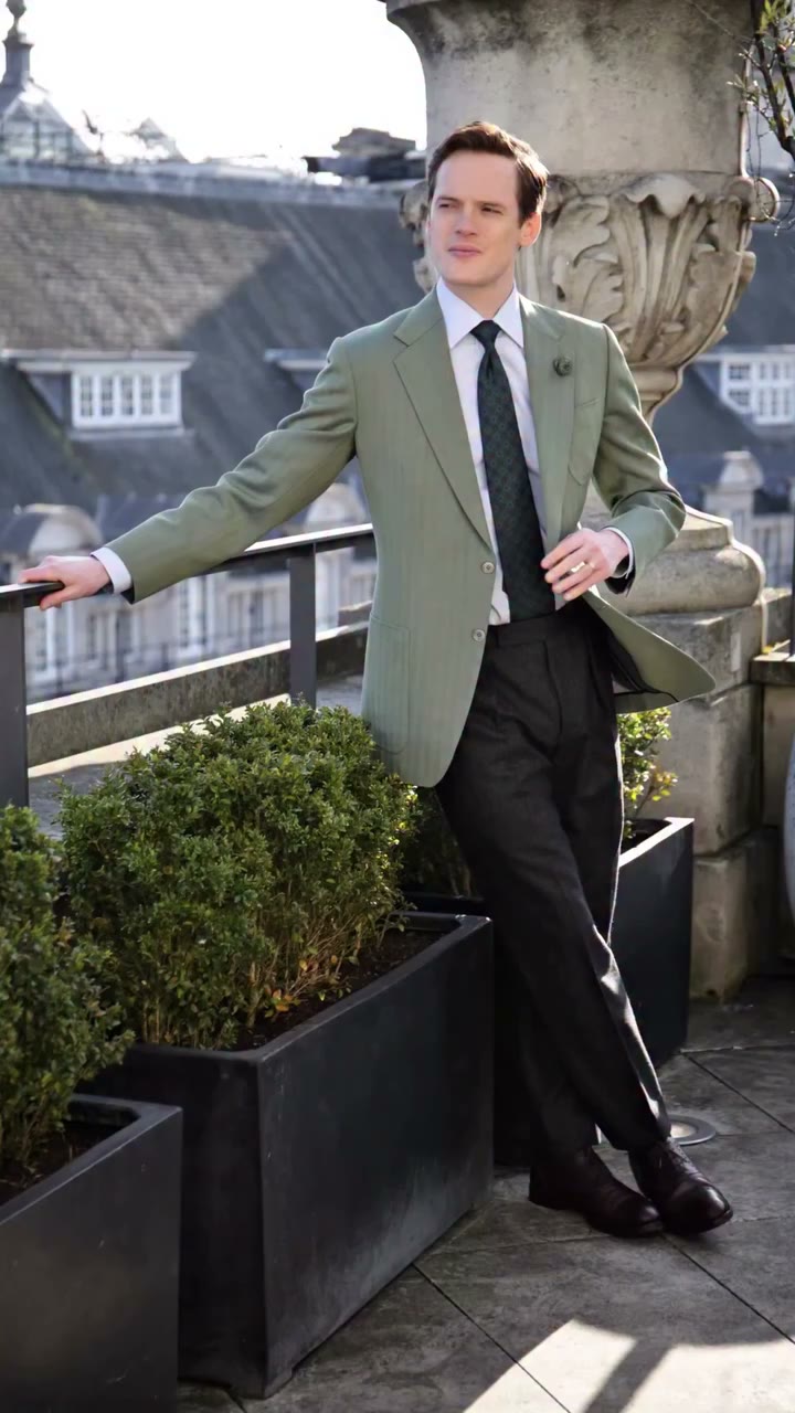 Zone Models’ ‘Marcus’ wears a green Solaro worsted wool sport jacket during…