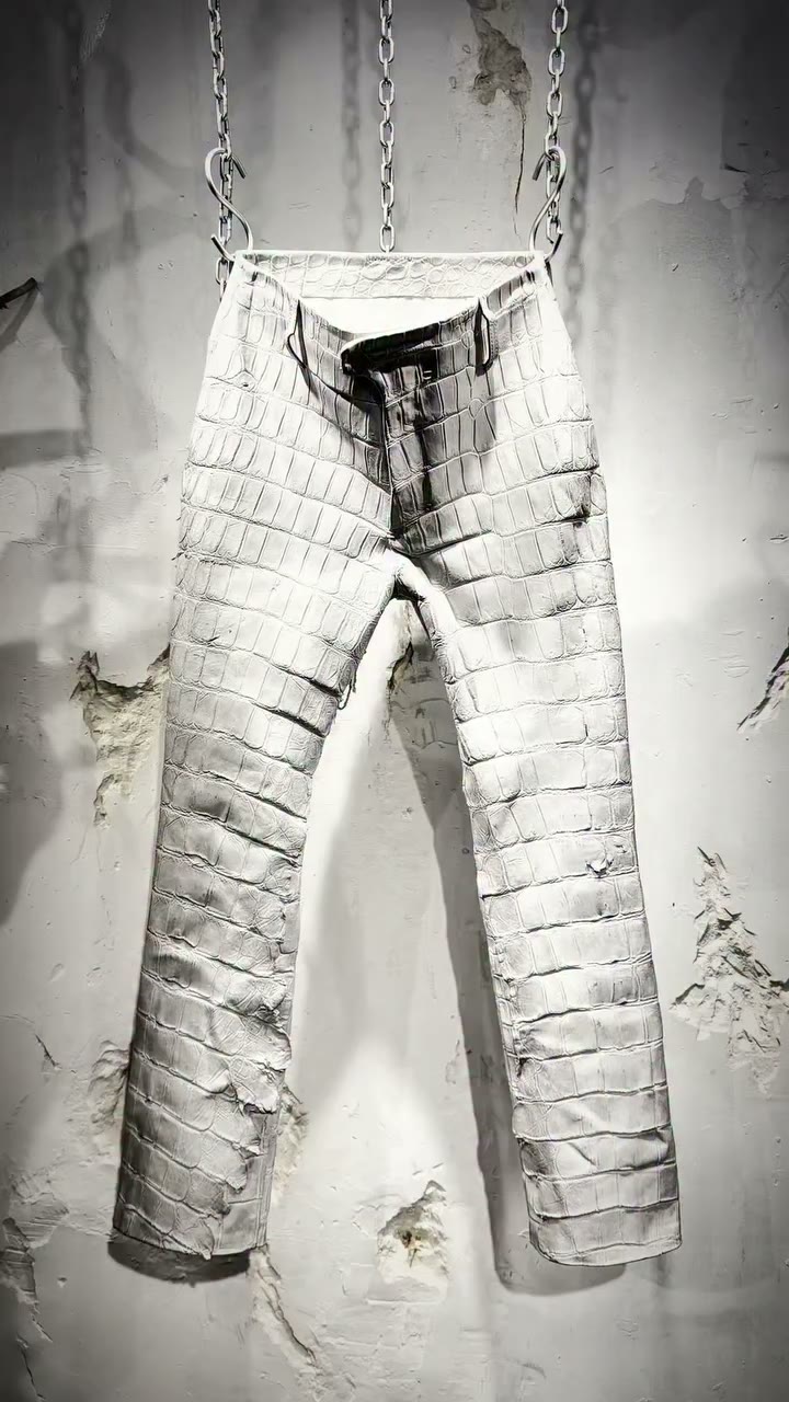 Pants entirely made from crocodile leather. White crust, vegetable-tanned…