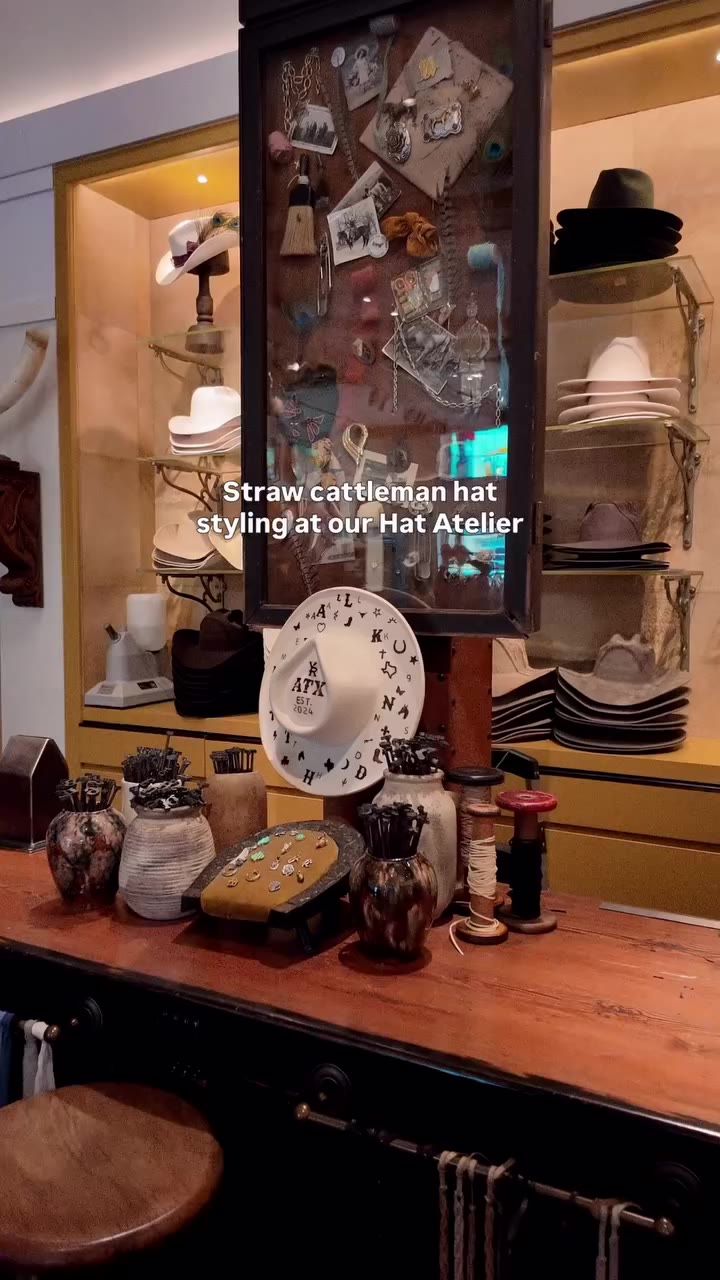 Straw cattleman hat styling at our Hat Atelier. Make it uniquely yours with…