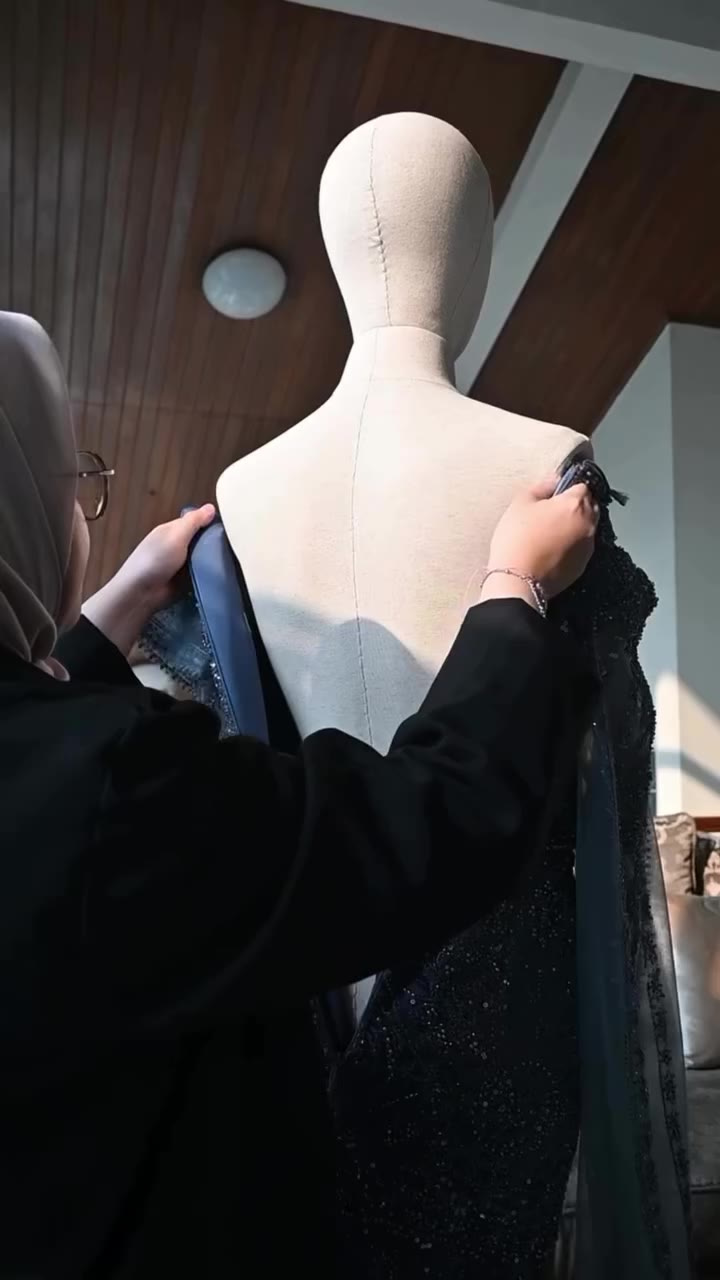 A playful shade, made exquisitely. Denim blue in a semi-mermaid silhouette…