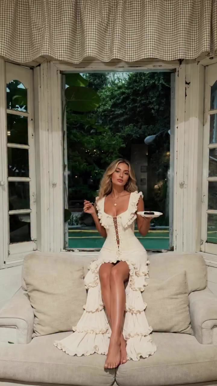 Lost in the calm of golden hour.🥂 Model styled in Kaelin Cream Ruffle Lace Up…