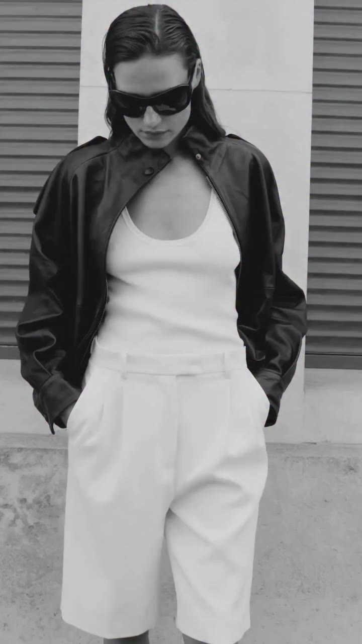 Transeasonal Wardrobe Cate in Mija leather bomber, Indy rib top and Bruna…