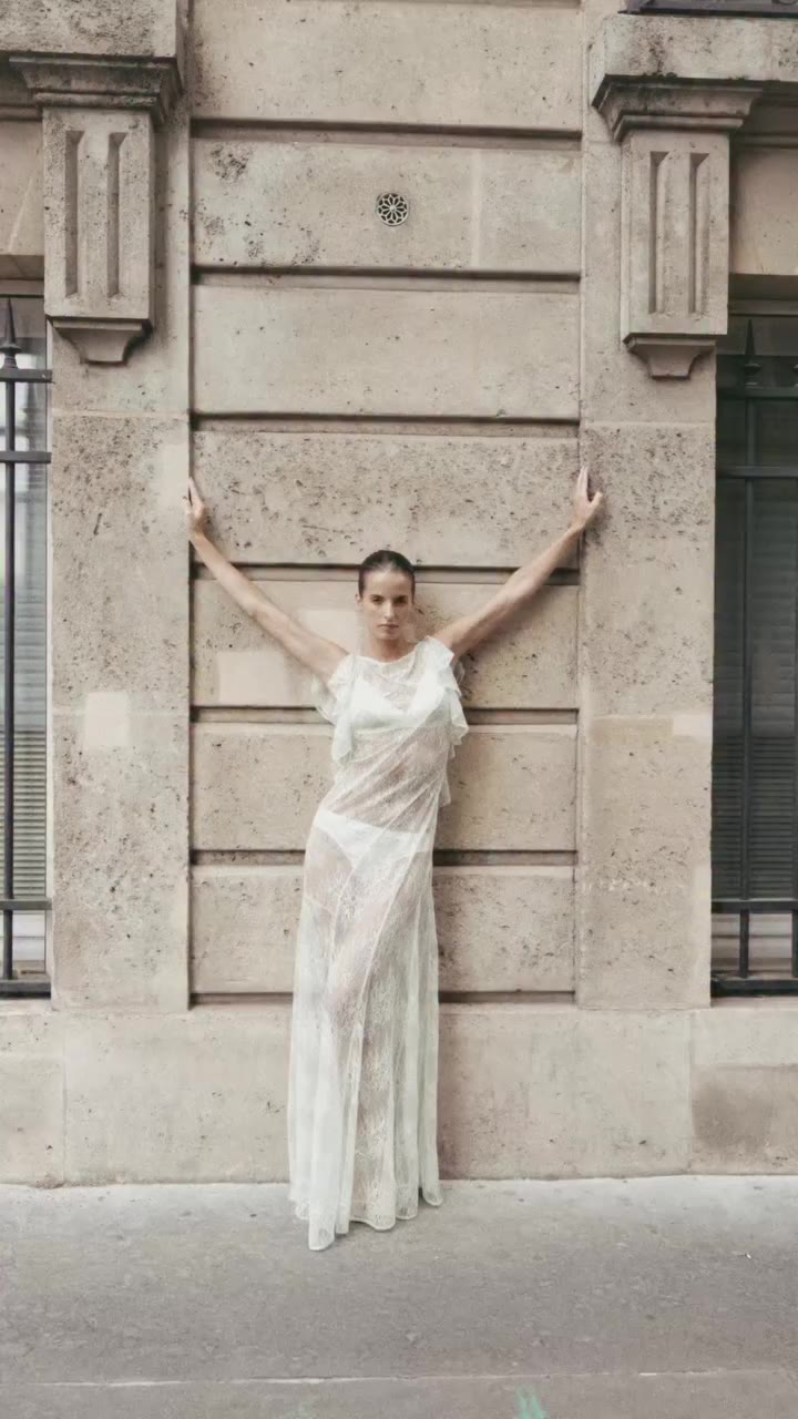 A considered balance of sheer lace, fluid movement and striking hue.
