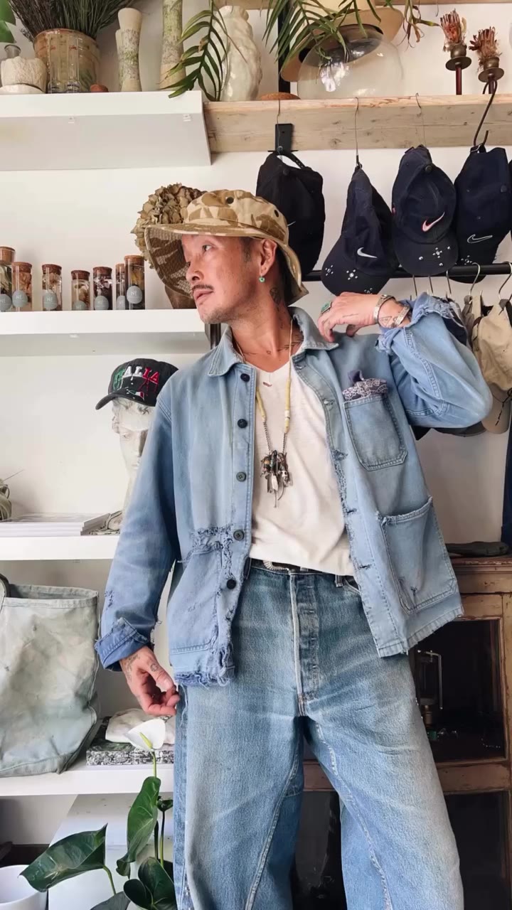 50’s Distressed French Work Jacket The wear, fading and repairs are what make…