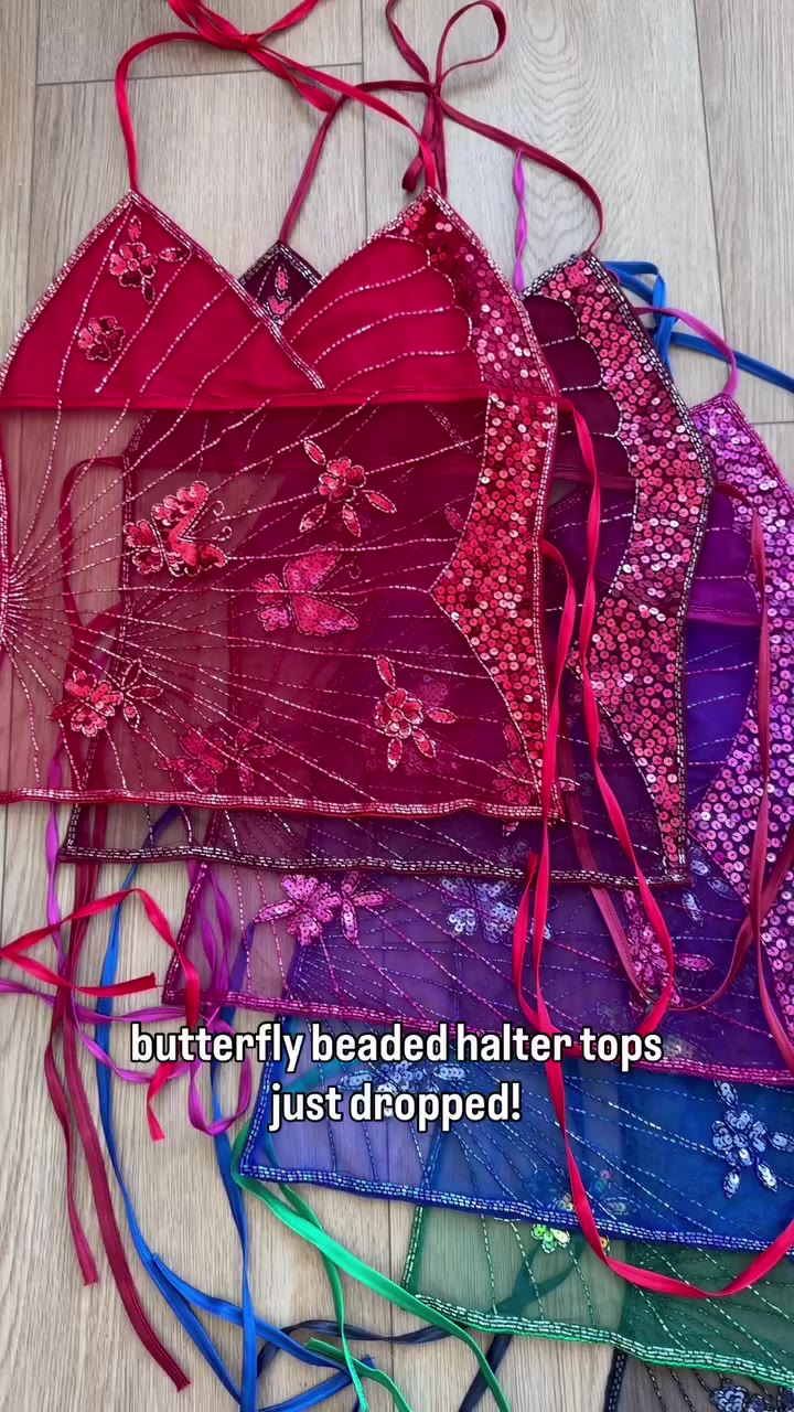 2000’s inspired handmade beaded halter tops ⋆˚࿔ available on @depop now 🦋✨