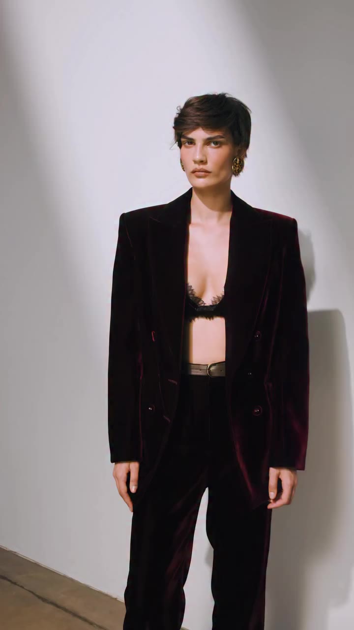 Burgundy Velvet Three-Piece Suit | MAZINI Fall ’26 A deep burgundy shade, a…