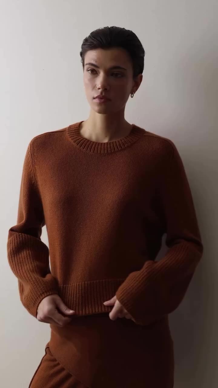 70% wool, 30% cashmere. The wool gives the knit the structure, the cashmere…
