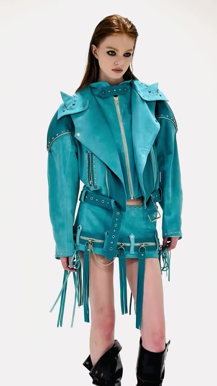 SIGNATURE CAT-EAR LAPEL BIKER JACKET_TURQUOISE SUEDE ARROW PIERCED FUR…