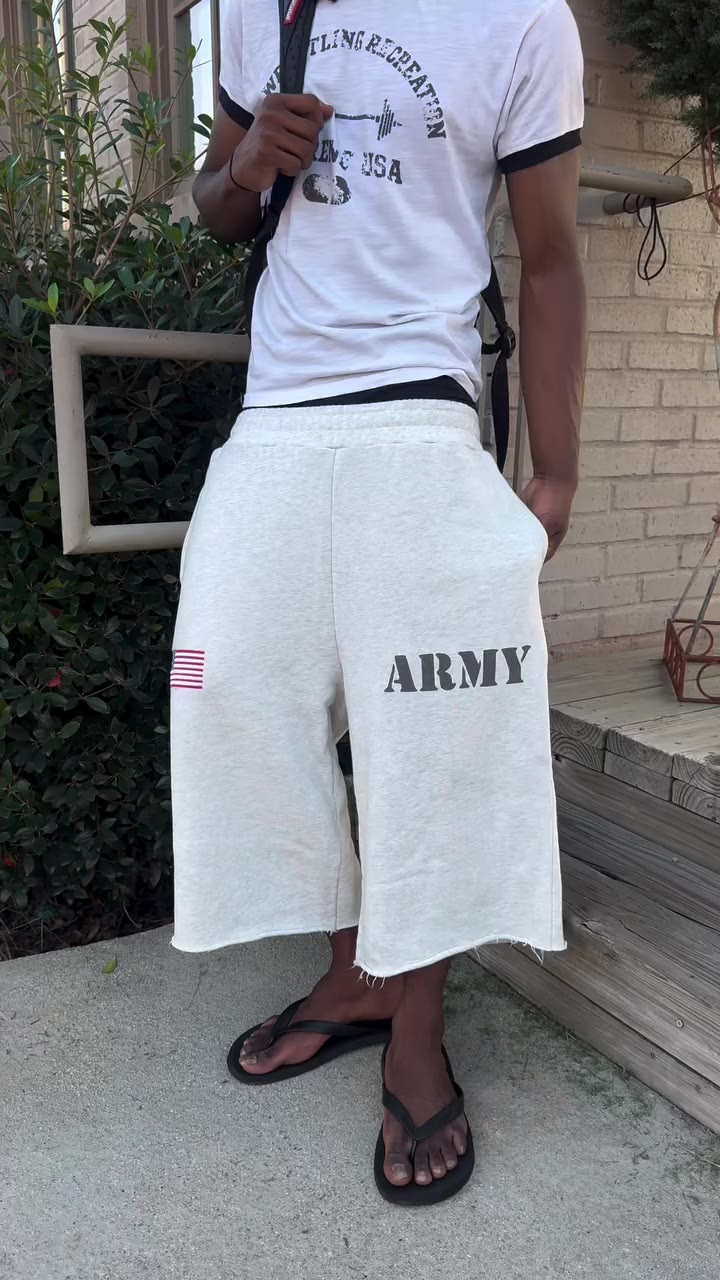 ARMY Shorts + Wrestling Tee Link in bio to order. www.scerene.us #streetwear…
