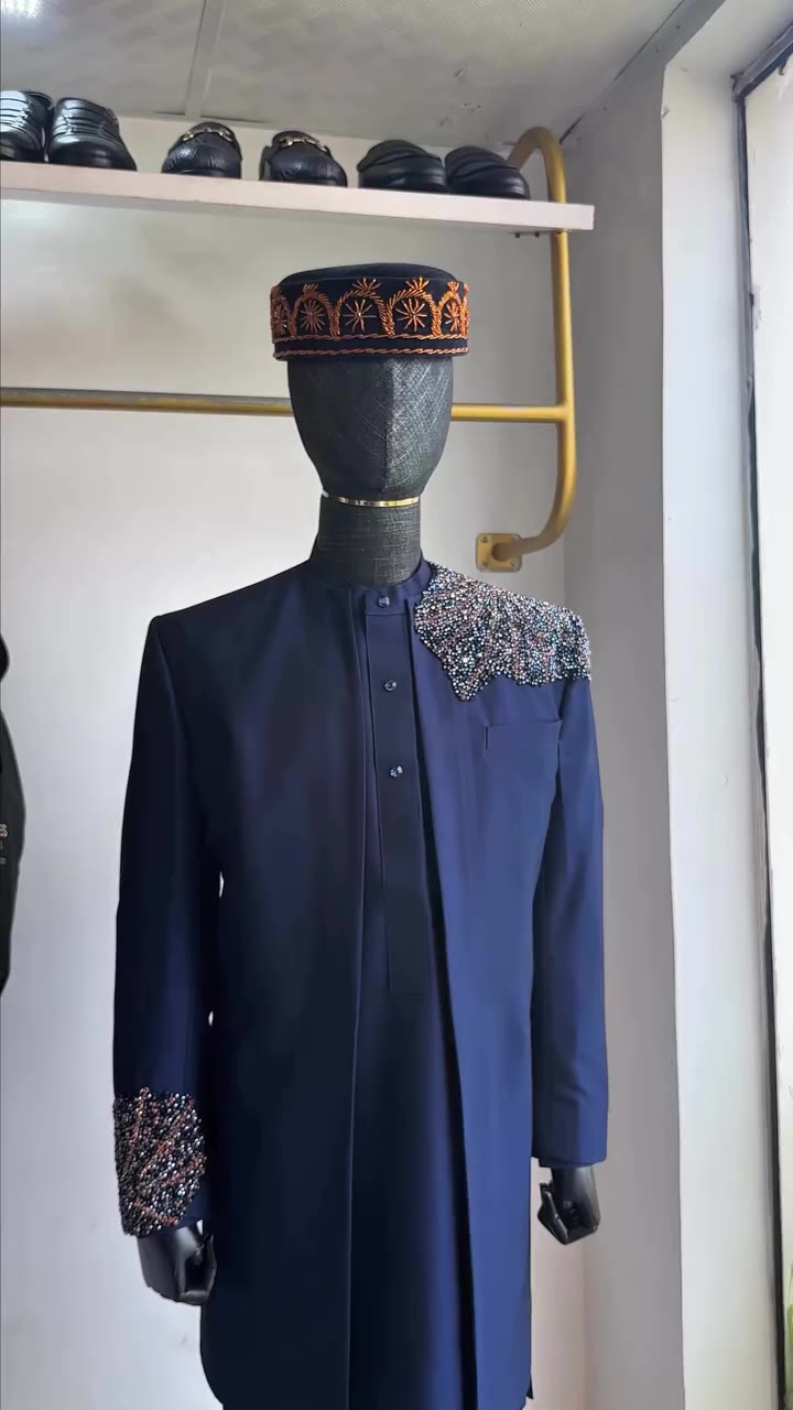 Navy Blue Birdseye Embellished KafSuit for a Stylish Reception Look…