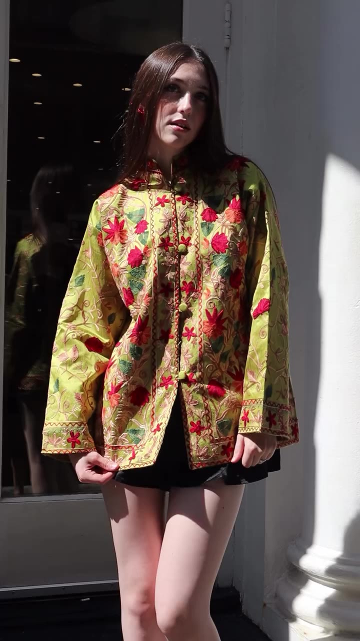 Josephine in the iconic Wasabi Green Gul Jacket Shop now