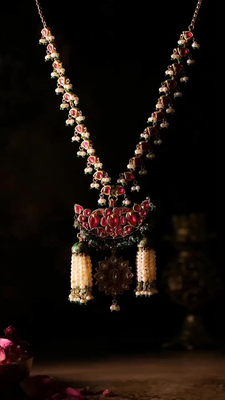 Rubies, emeralds and pearls, set in radiant gold, come together in a necklace…