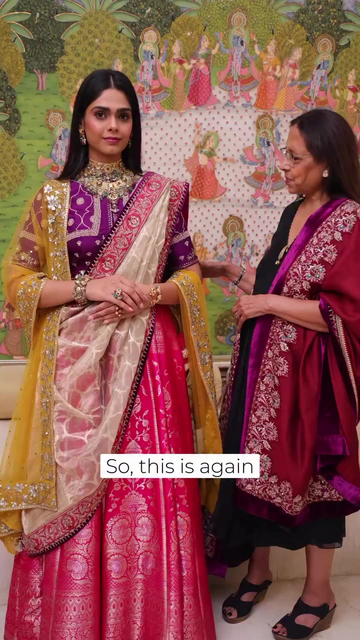 From the looms of Banaras to the wedding wardrobe. A rani pink brocade lehenga…