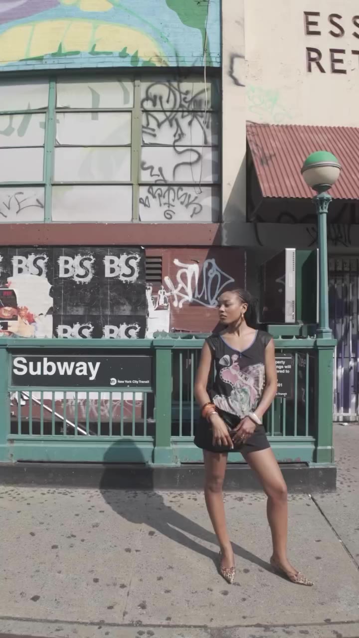 Alana wears Y2K Custo Barcelona around the Lower East Side. #nycvintage…
