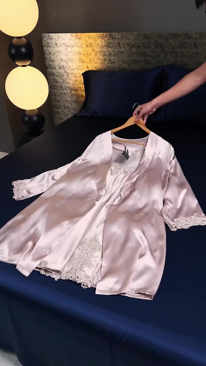Soft lace, silk, and slower evenings. ✨ A beige silk nightgown and robe set…