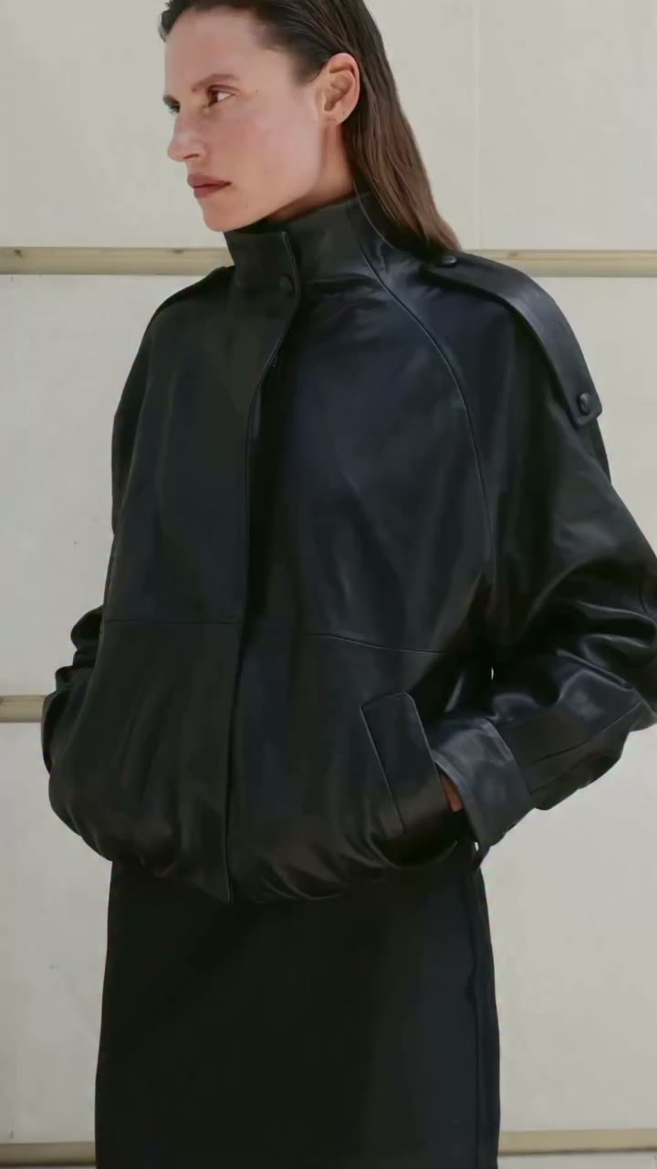 Cate wearing Mija leather bomber styled with Kiana organza skirt…