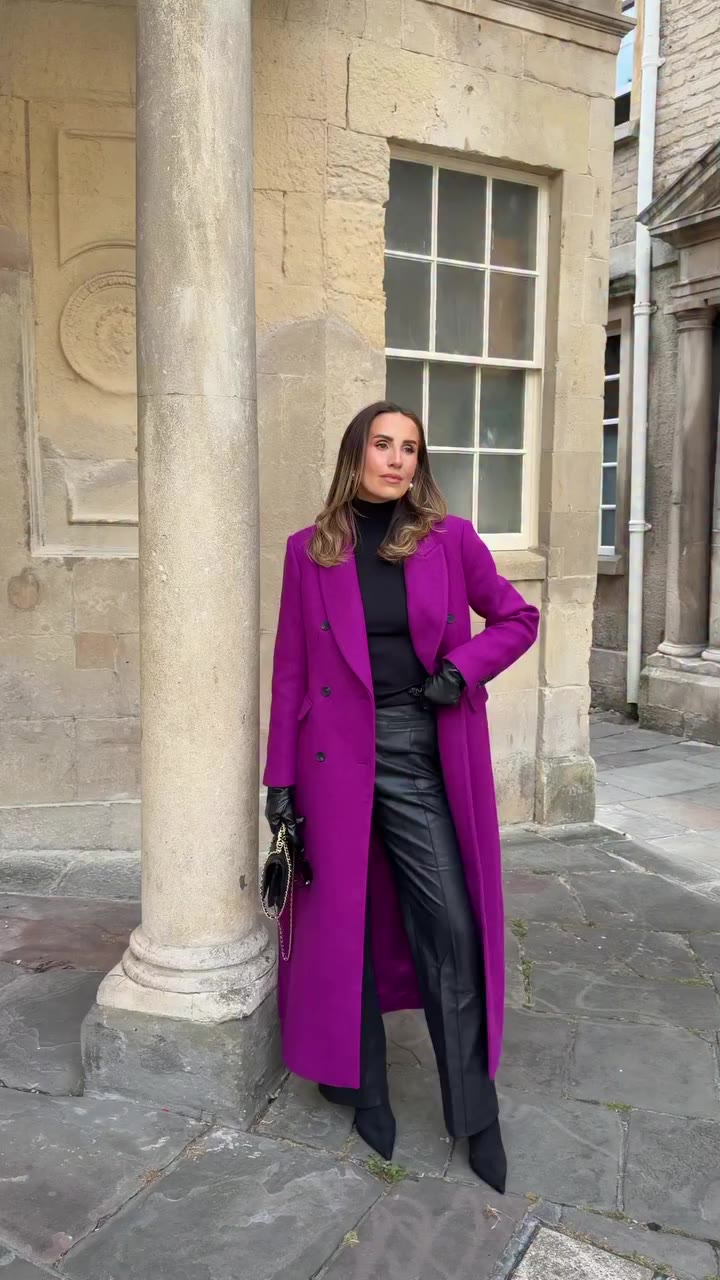 Make room for violet. @georgia.louise1 styles our new double-breasted maxi…