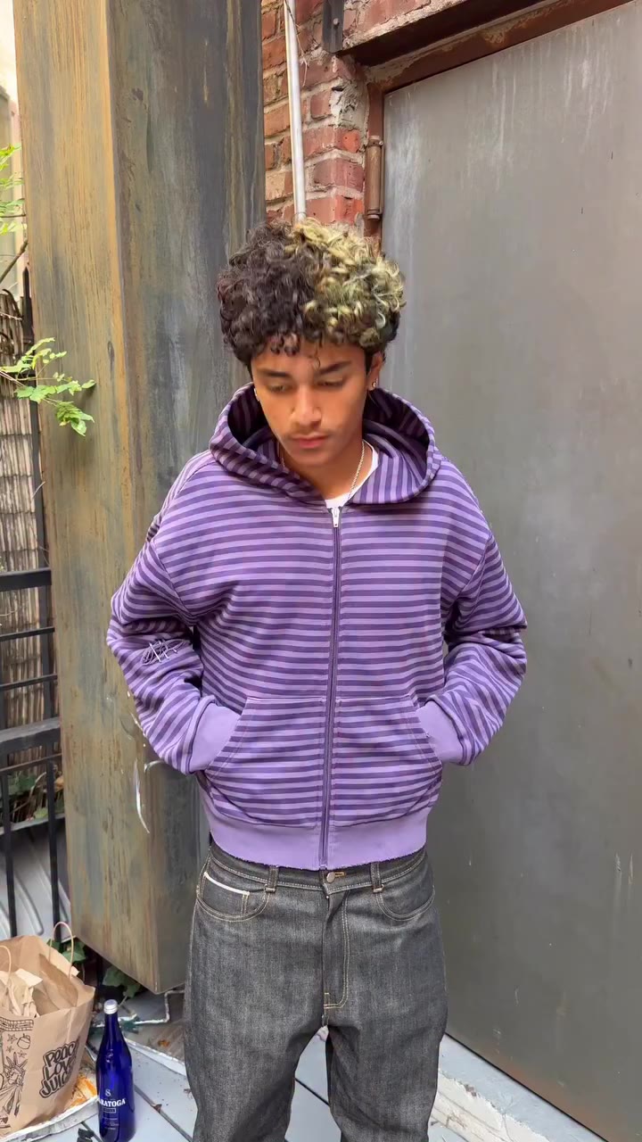 On Body Look of the Repaired Purple Striped Zipup Available October 3rd at…