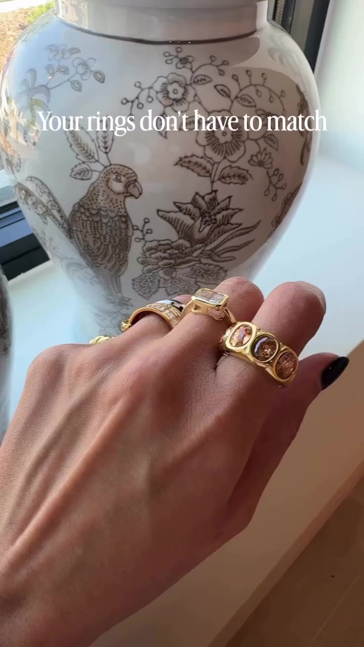 The kind of ring stack you keep adding to. Gold, silver, bold stones. We’re…
