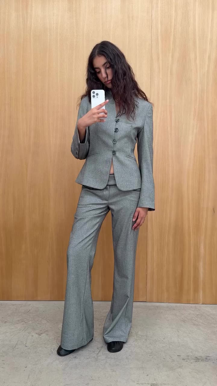 Amira wearing Andrea Gray Pants & Andrea Gray Jacket