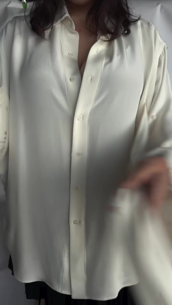 Lydia wears Fran shirt 4 ply silk Made in NYC DM for password