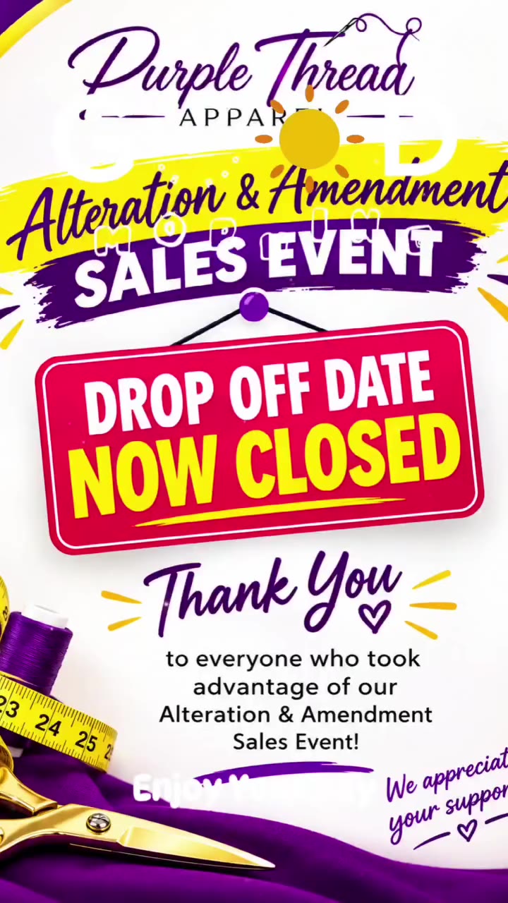 ✂️ THE DROP-OFF WINDOW IS OFFICIALLY CLOSED! 💜 Our Alteration & Amendment…