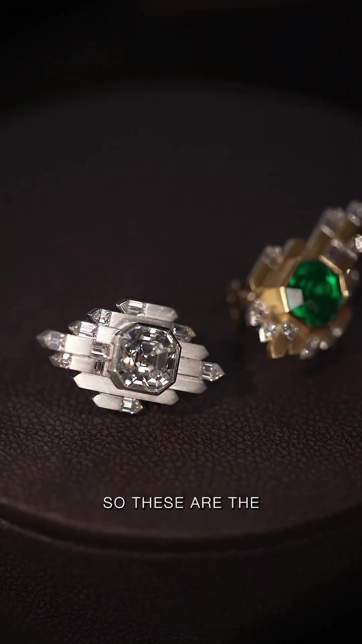 001 Vintage Asscher cut diamond and Colombian emerald earrings. Francesca and…