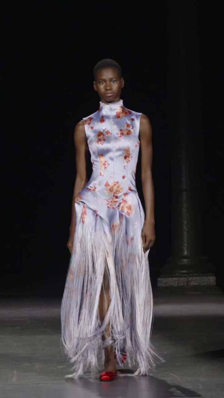 Spring Summer 2027, Look 27; high-neck dress with draped skirt in lilac…