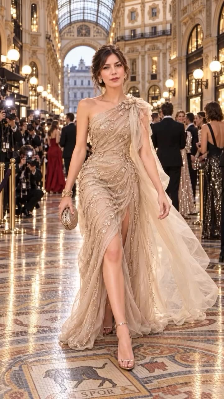 Golden hour in Galleria ✨ One-shoulder couture draped like liquid gold. Dress…
