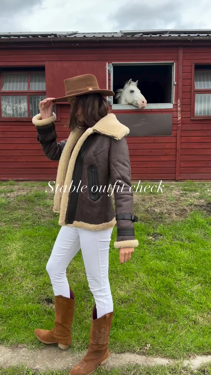 Stable outfit check: Horse approved🐴 The Aviator Brown Sheepskin Jacket is…