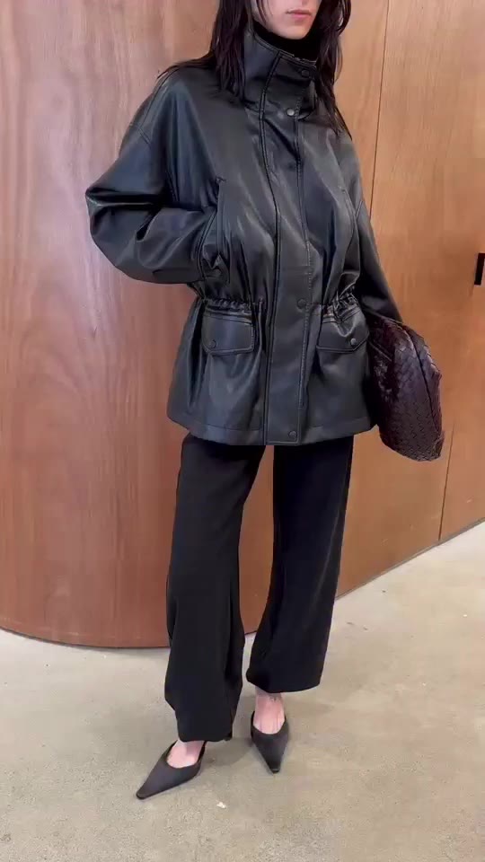 A cinched waist. A sharper take on leather. Vegan Leather Utility Jacket 16895
