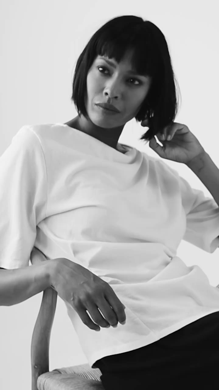 Meet Andrea, the asymmetrical tee entering our fall rotation.⁠