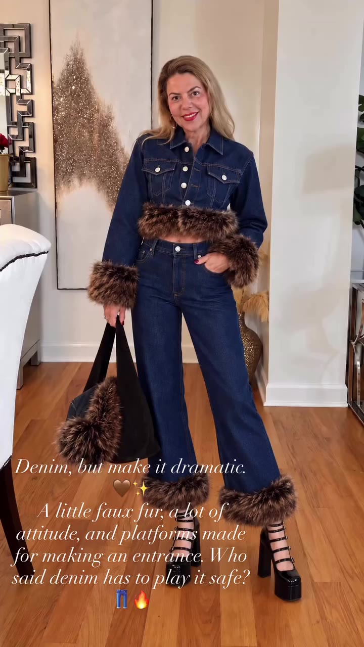 Denim, but make it dramatic. 🤎✨ A little faux fur, a lot of attitude, and…