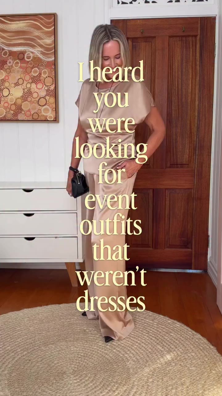 Not all event outfits need to be dresses. This golden pant and top set from…
