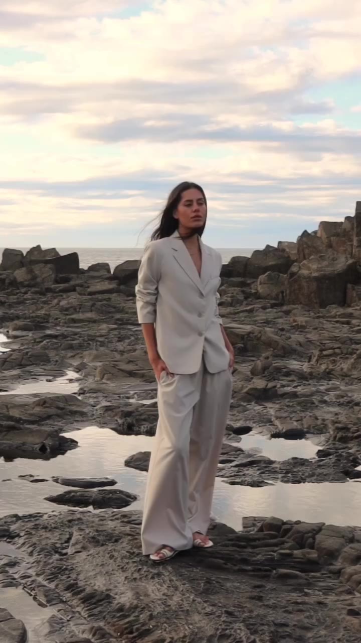Beige pinstripe, tailored for the season.⁠ ⁠ Shop the Zoe suiting range online…