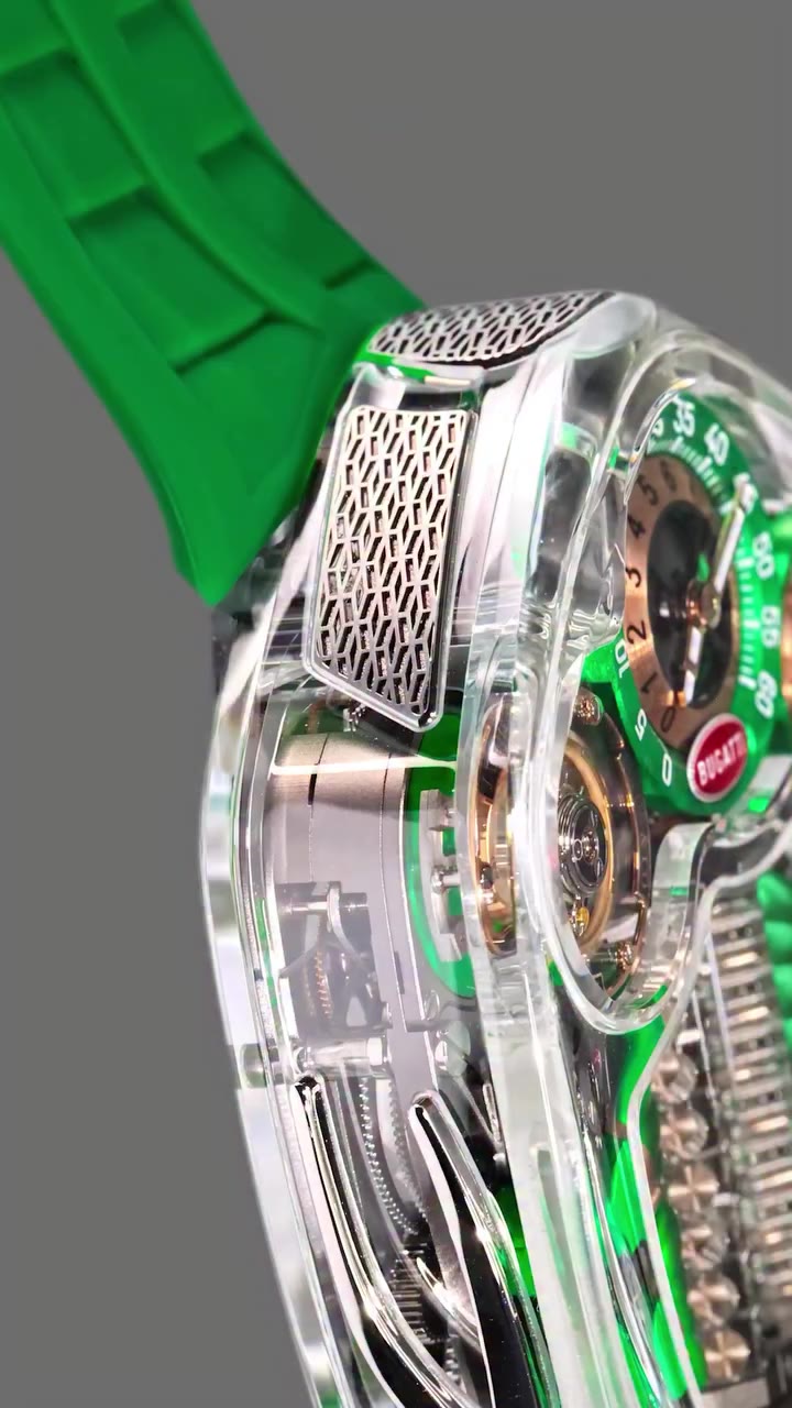 The Bugatti Tourbillon Sapphire Crystal reveals its mechanics through a fully…