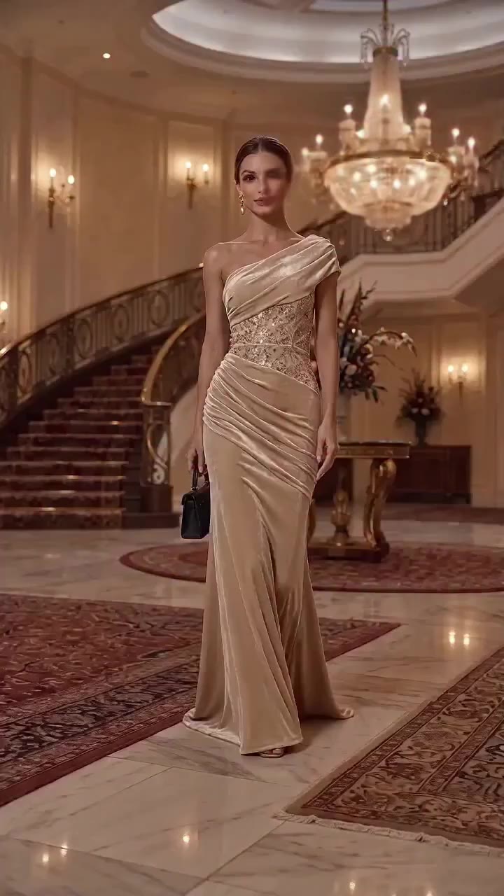 Old-world glamour wrapped in champagne satin. One-shoulder silhouette with…