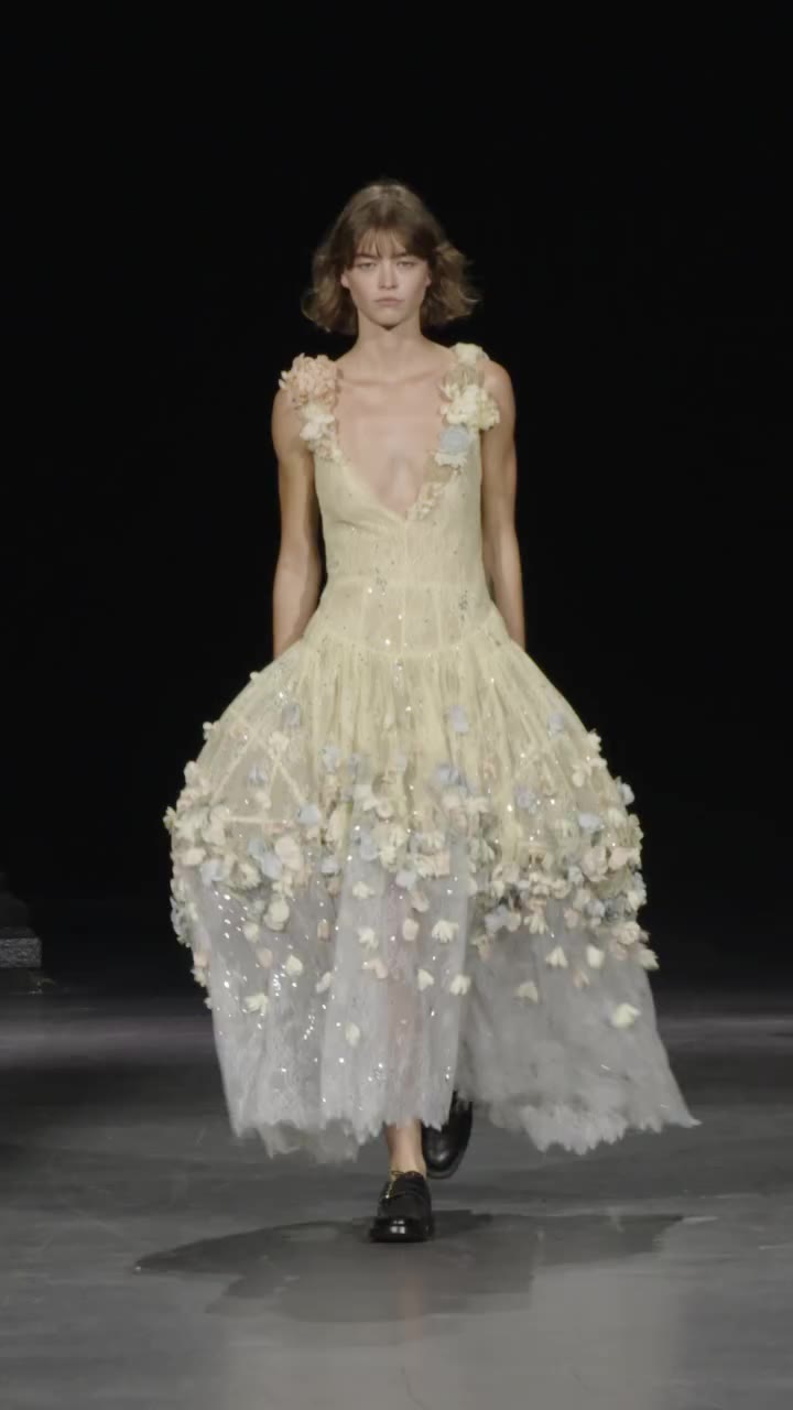 Spring Summer 2027, Look 16; skeletal pannier dress in lemon lace with dégradé…