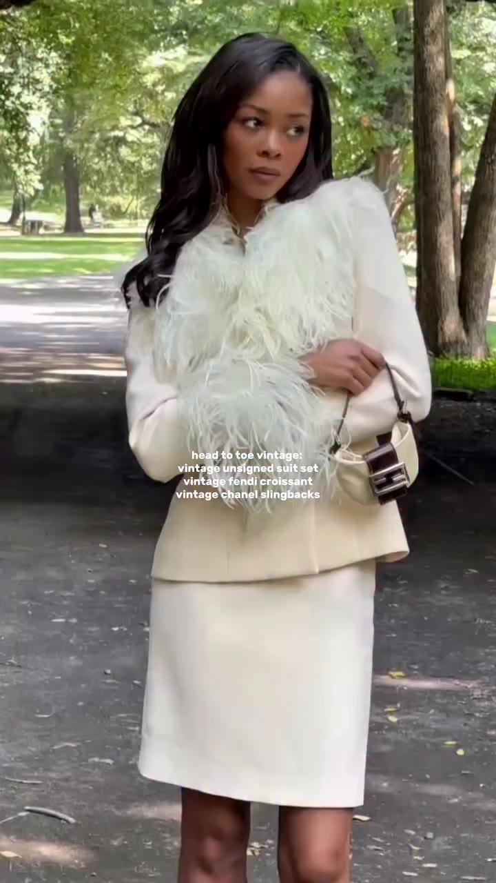Unsigned 2000s Wool & Ostrich Feather Skirt Set & Fendi Croissant, available…