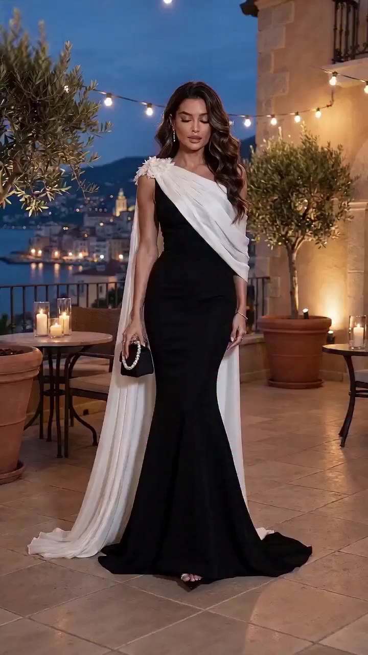 Dramatic contrast in black & white. One-shoulder gown with flowing cape…