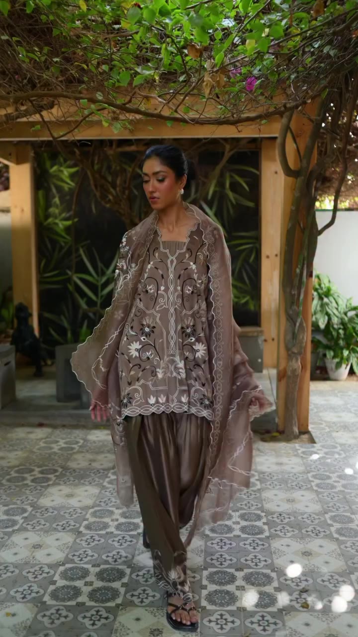 Tonal taupe, delicate embroidery and the fluid drama of a farshi shalwar …