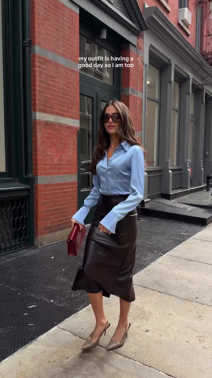 My go-to fall outfit combo: silky blouse and pencil skirt @dynamiteclothing…