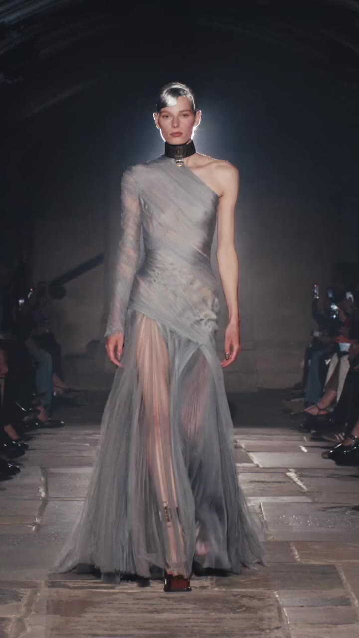 Look 17⁣ ⁣ Asymmetric dress in layers of hand-pleated and finely draped smoke…